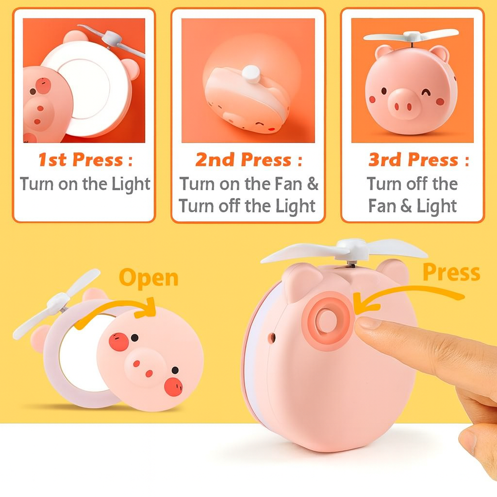 Piggy Head Shape Fill Light Led Mirror Fan – Portable Rechargeable LED Makeup Fan for Women 💖