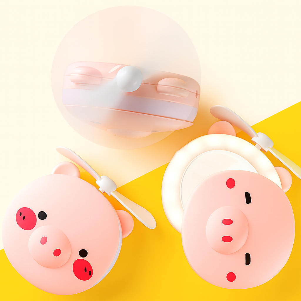 Piggy Head Shape Fill Light Led Mirror Fan – Portable Rechargeable LED Makeup Fan for Women 💖