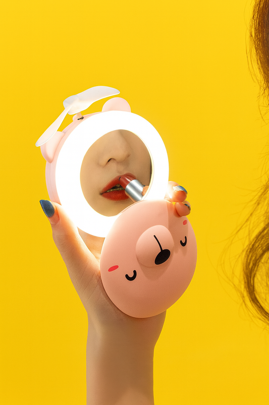 Piggy Head Shape Fill Light Led Mirror Fan – Portable Rechargeable LED Makeup Fan for Women 💖
